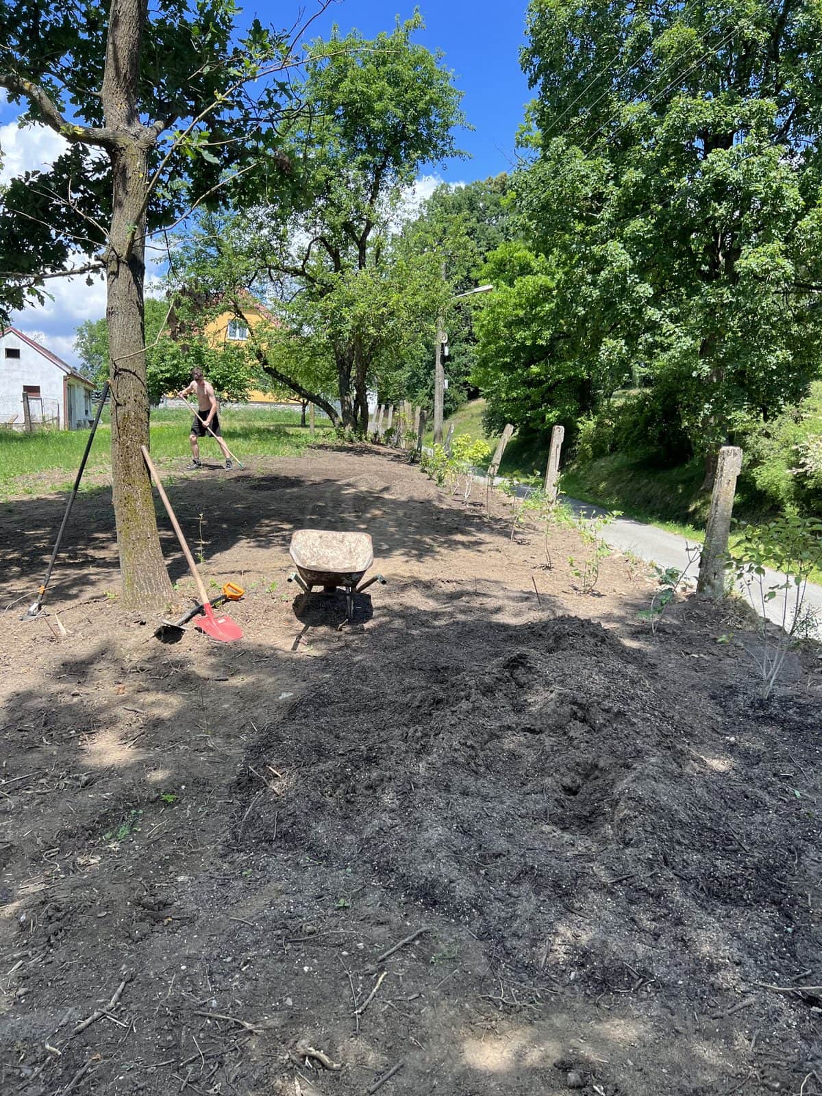 Navezená zemina a kolečko na rozpracovaném pozemku pod stromy