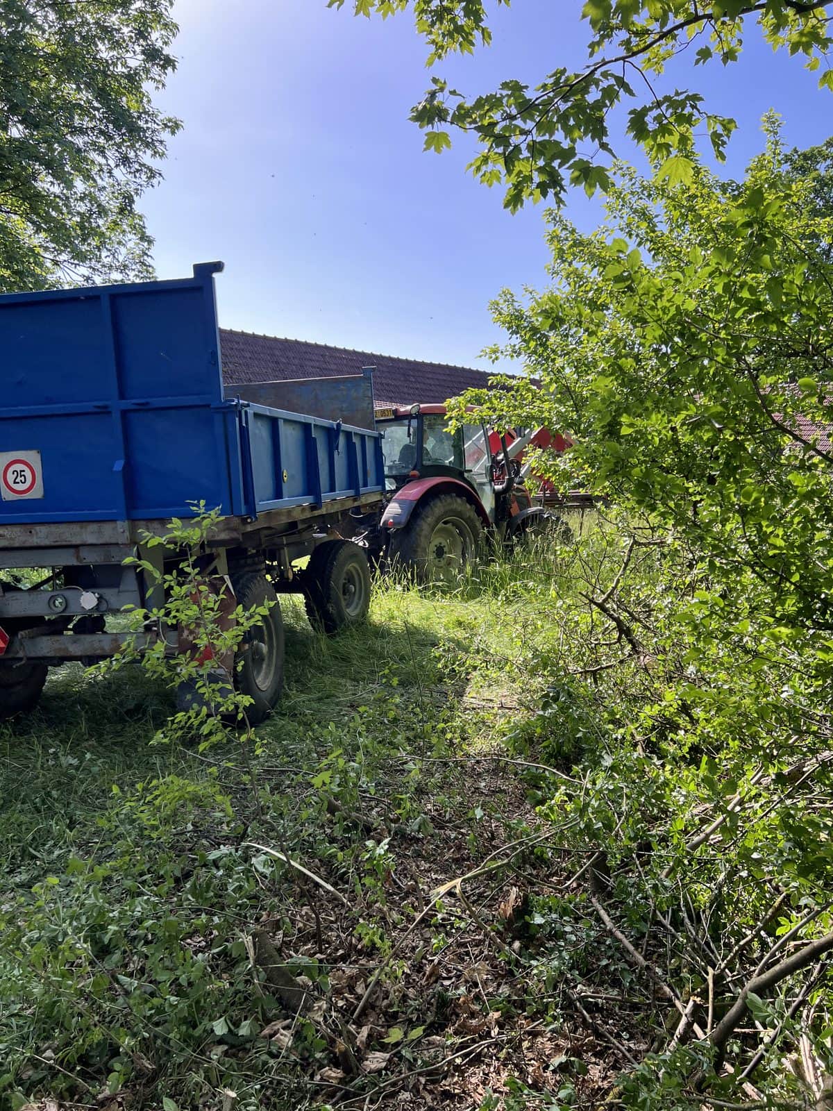 Traktor s modrým vlekem mezi náletovými dřevinami